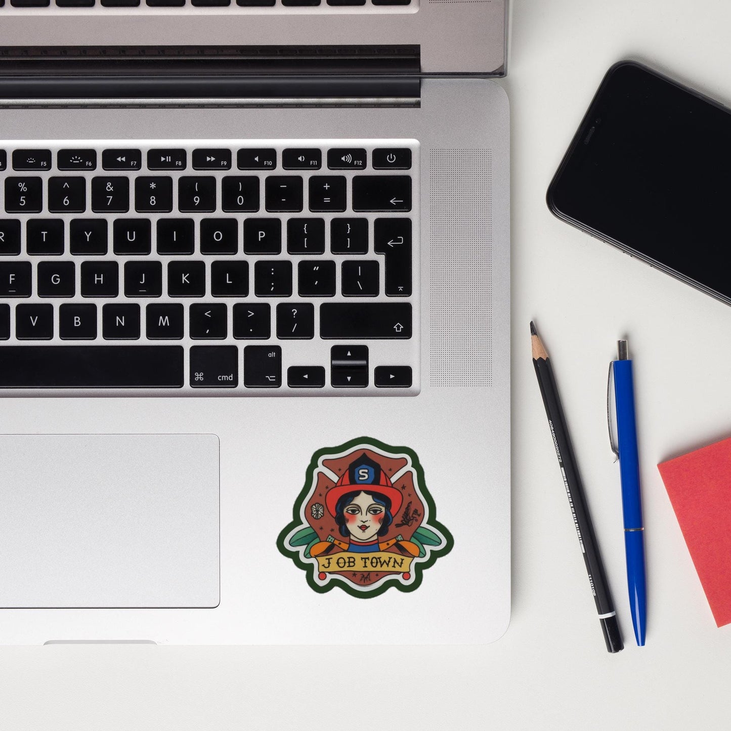 Female Firefighter Sticker – American Traditional Tattoo Design | "Job Town" Firefighter Decal | Vintage Firefighter Art | Christmas Gift