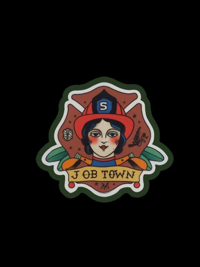 Female Firefighter Sticker – American Traditional Tattoo Design | "Job Town" Firefighter Decal | Vintage Firefighter Art | Christmas Gift