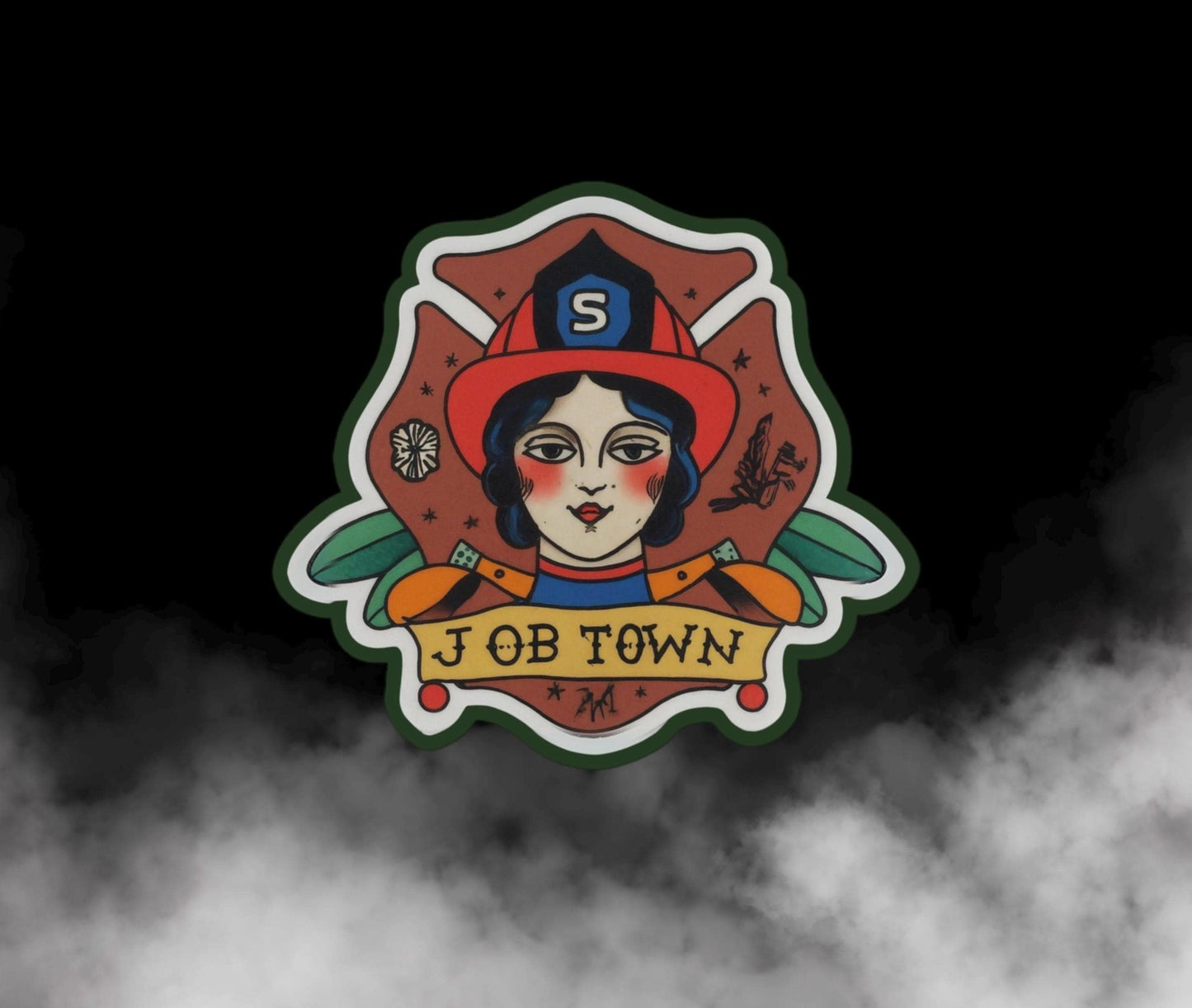 Female Firefighter Sticker – American Traditional Tattoo Design | "Job Town" Firefighter Decal | Vintage Firefighter Art | Christmas Gift