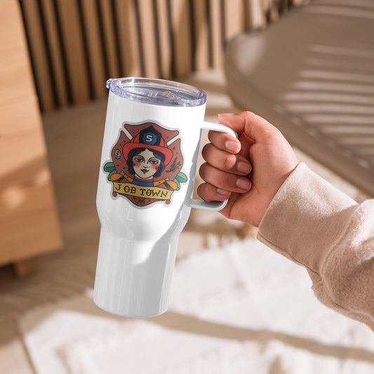 Personalized Female Firefighter Travel Mug – American Traditional Tattoo Design | "Job Town" Firefighter Mug | Vintage Firefighter Art