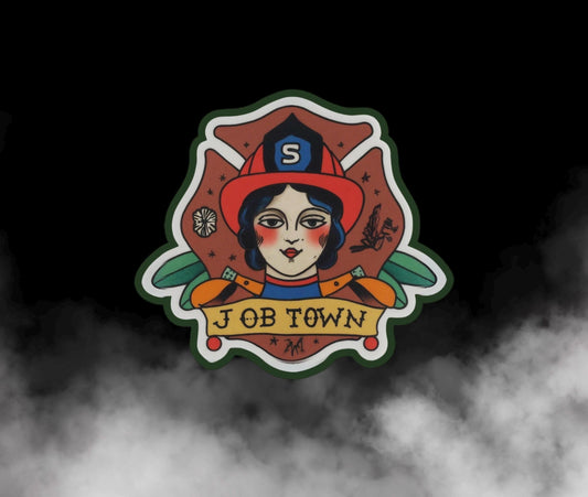 Female Firefighter Sticker – American Traditional Tattoo Design | "Job Town" Firefighter Decal | Vintage Firefighter Art | Christmas Gift
